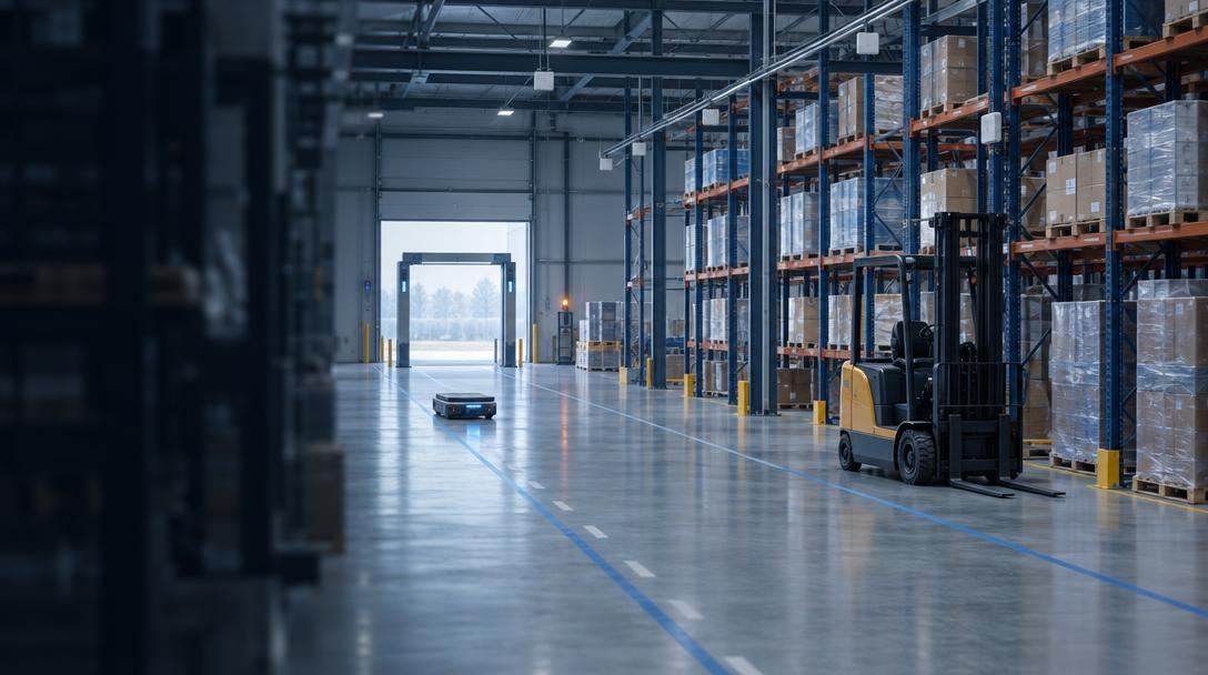 Modernes Distributionszentrum mit Regalen, einem geparkten Gabelstapler, einem mobilen Roboter auf seiner Spur und einem RFID-Torportal