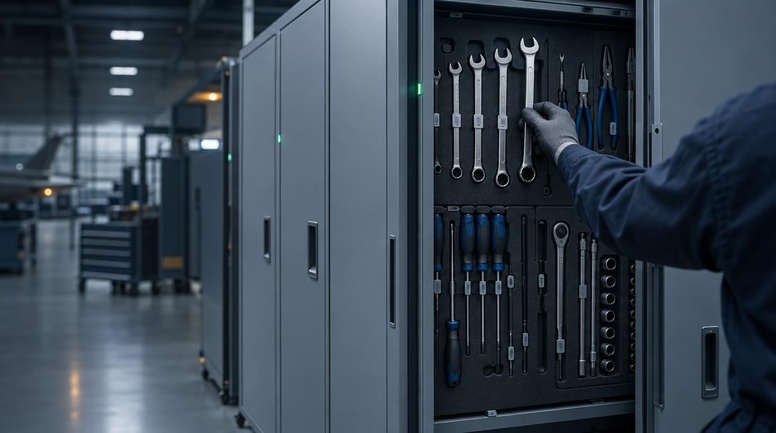 Technician taking a spanner from a foam-lined tool cabinet in an aircraft hangar