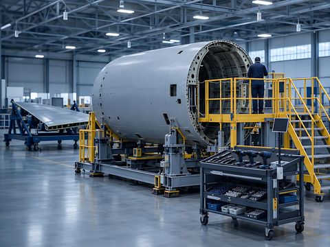 Fuselage section in an assembly jig with work platforms and a tooling cart with tagged drawers