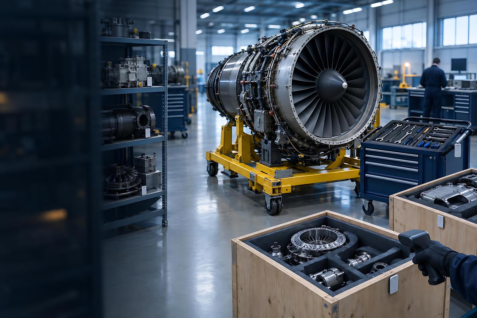 Engine shop: a gloved hand scans a tagged parts crate beside an aircraft engine on its stand