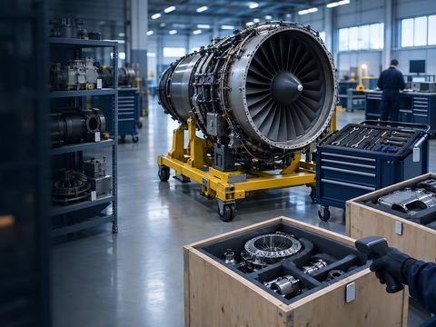 Officina motori: una mano guantata scansiona una cassa di componenti con tag accanto a un motore aeronautico sul suo supporto