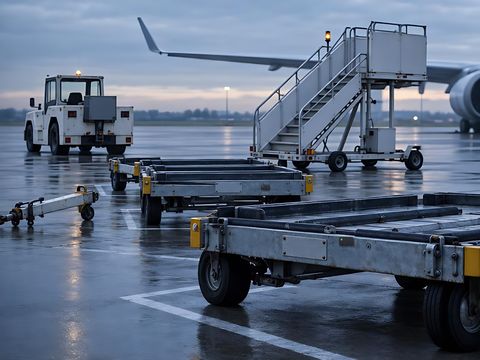 Nicht motorisierte Gepäck-Dollies mit robusten Trackern an den Seitenholmen, eine Schleppstange und Passagiertreppen auf nassem Vorfeld