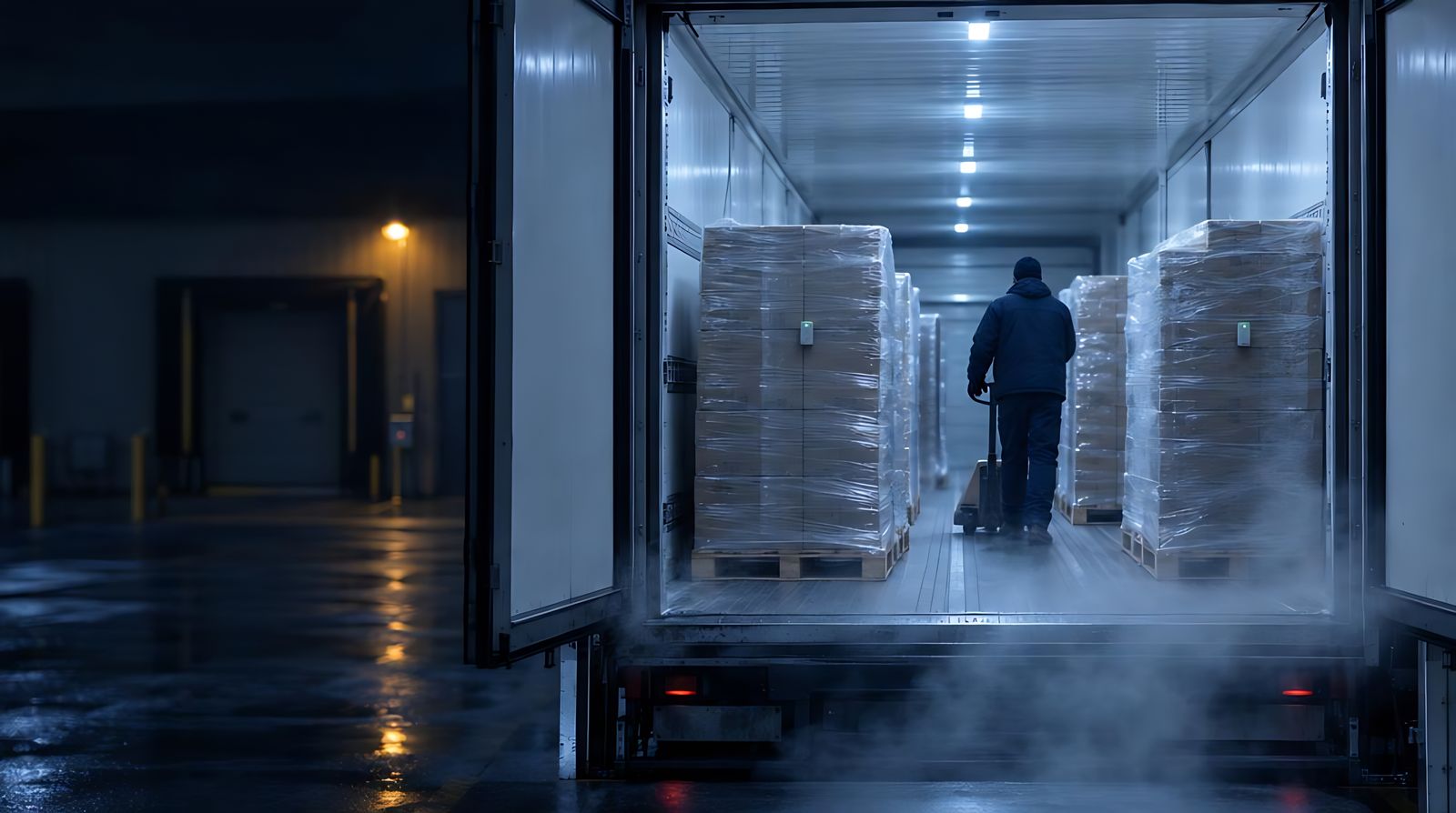 Open refrigerated trailer at night with temperature loggers on wrapped pallets