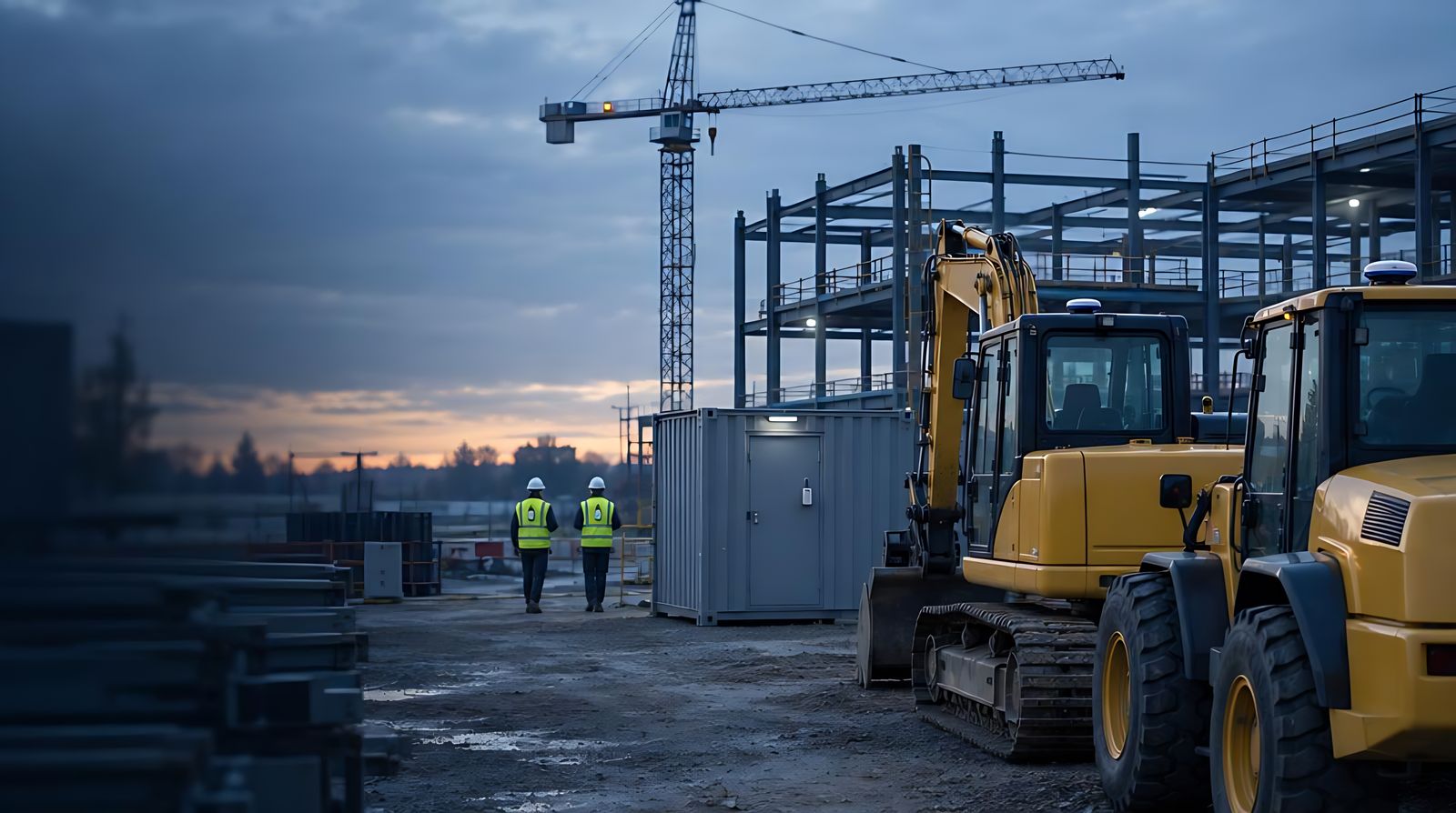 Construction site with telematics units on the cab roofs of an excavator and a loader, and a crane behind