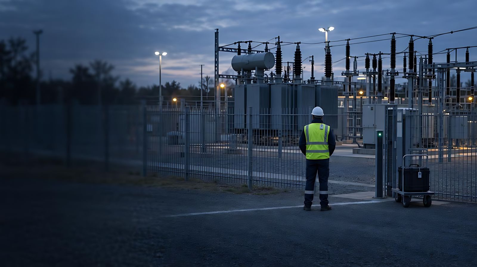 Electrical substation at dusk with a worker at the boundary, a reader post and a tagged test case on a trolley