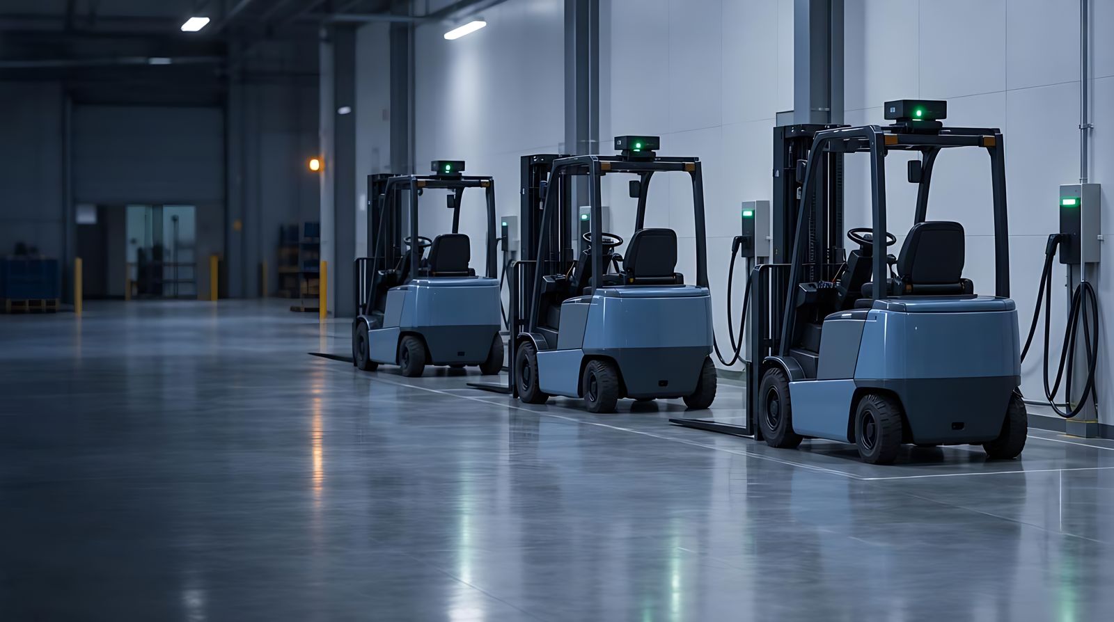 Forklifts parked at chargers, each with a telematics unit on the overhead guard