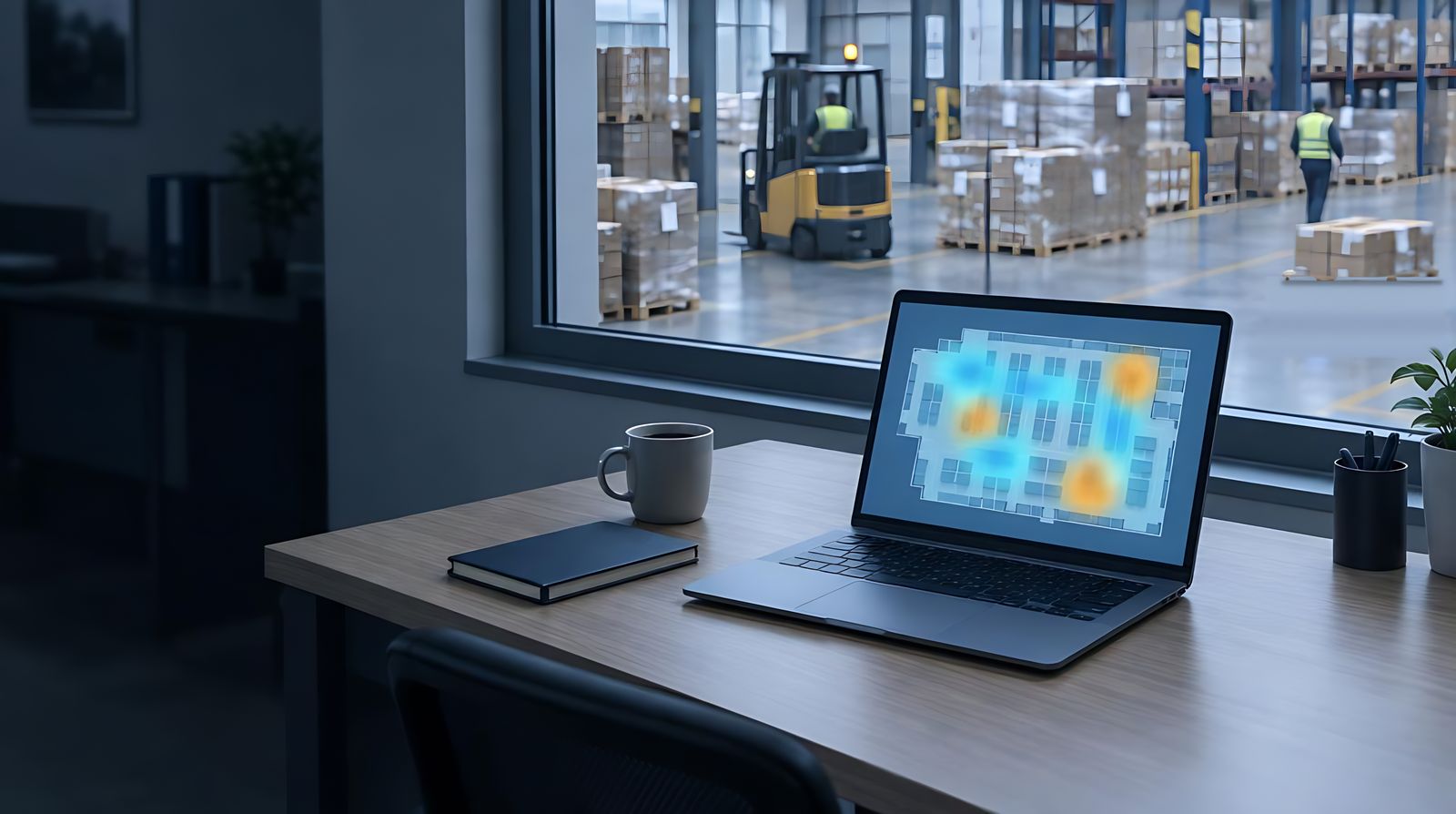 Laptop showing an abstract heatmap in a site office overlooking a warehouse with pallets and a forklift