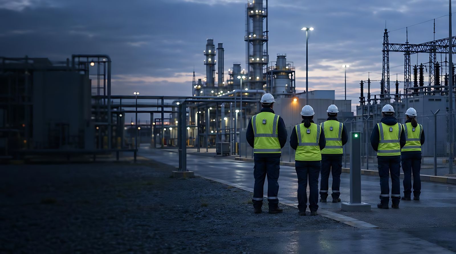 Workers in high-visibility vests gathering at a muster point reader post, seen from behind