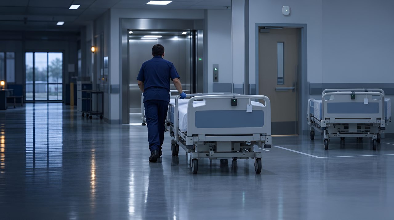 Hospital porter pushing an empty bed with a tag on its headboard towards the lifts
