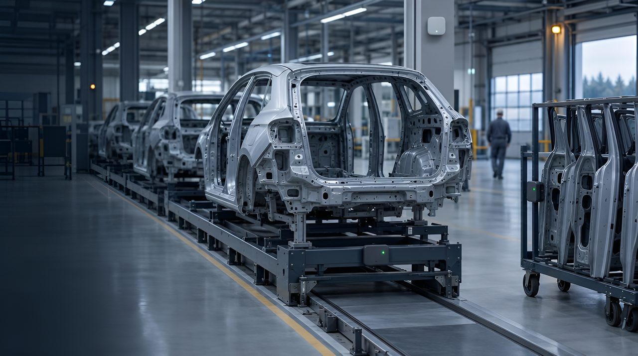 Car body shells on tagged skids in a body shop, with a tagged rack of door panels beside the line