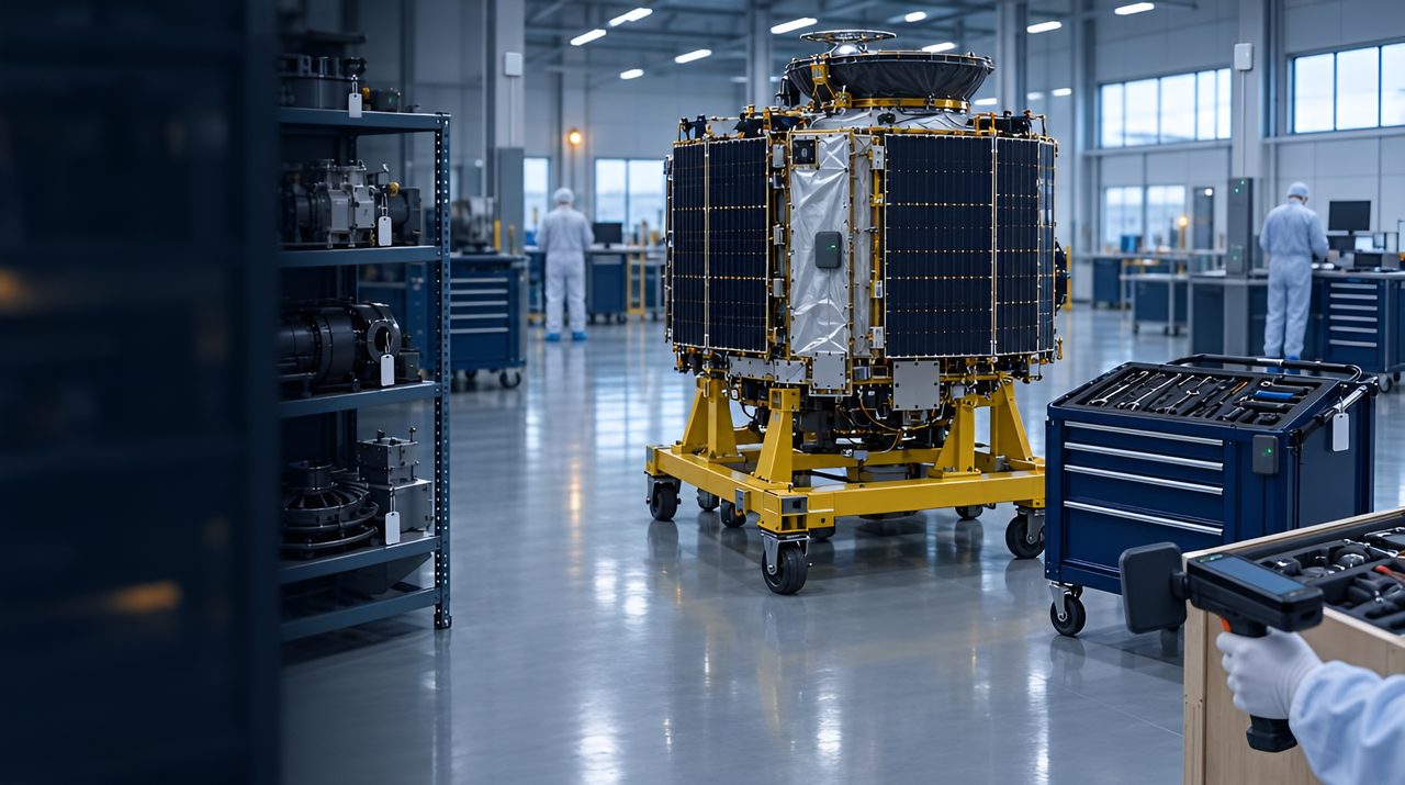 Satellite on an integration stand in a clean room, with tagged tooling carts and anchors on the walls