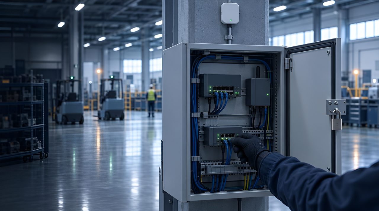 Gloved hand checking the cabling in an industrial network cabinet with an RTLS gateway