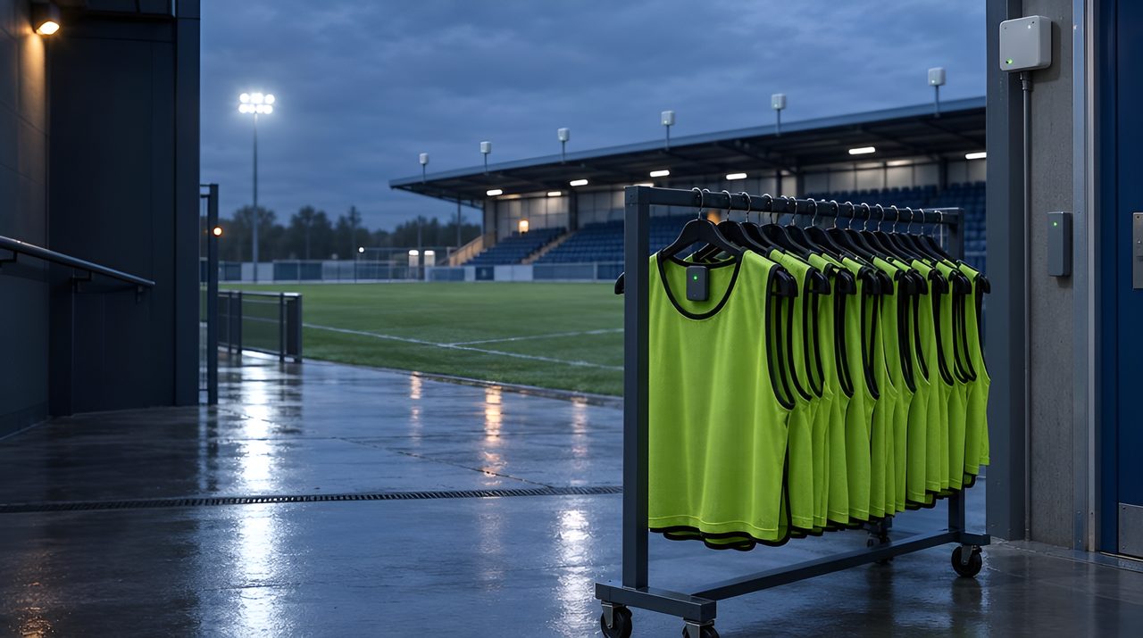 Floodlit training pitch with anchors on the stand roof and a rack of tagged training vests