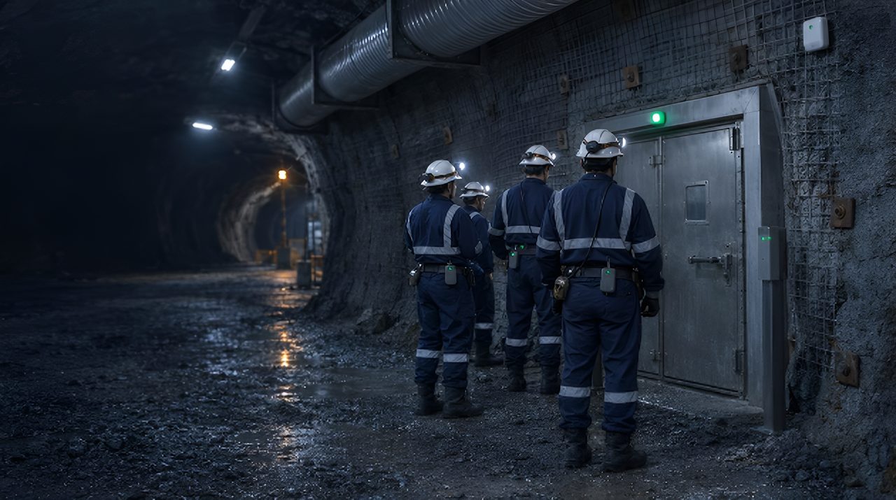 Miners gathering at an underground muster point with a reader post beside the refuge chamber door