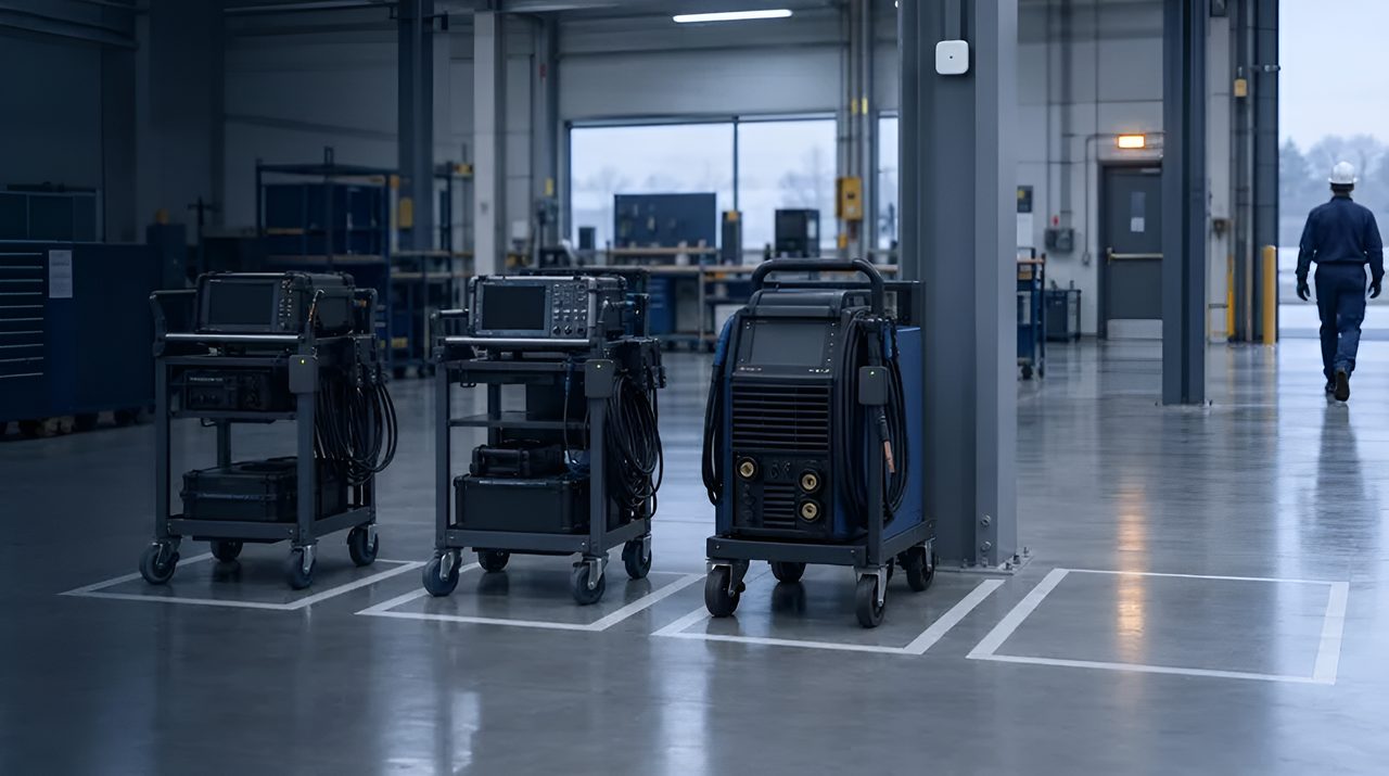 Factory equipment bay with tagged test equipment carts and a tagged welding unit in painted floor bays