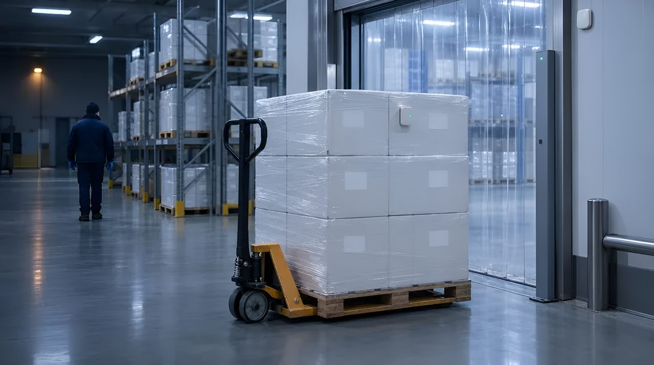 Pallet of insulated cartons with RFID labels and a temperature logger beside an RFID portal at a cold-room door