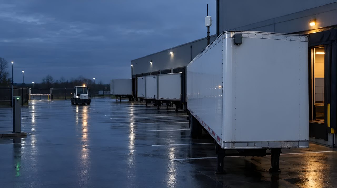Trailer yard at dusk with a tracker on the nearest trailer and a reader post at the gate