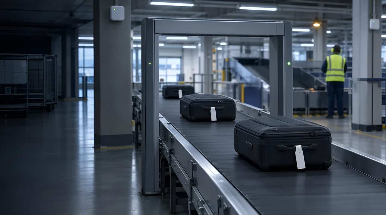 Suitcases with RFID bag tags passing through a reader arch on a baggage hall conveyor