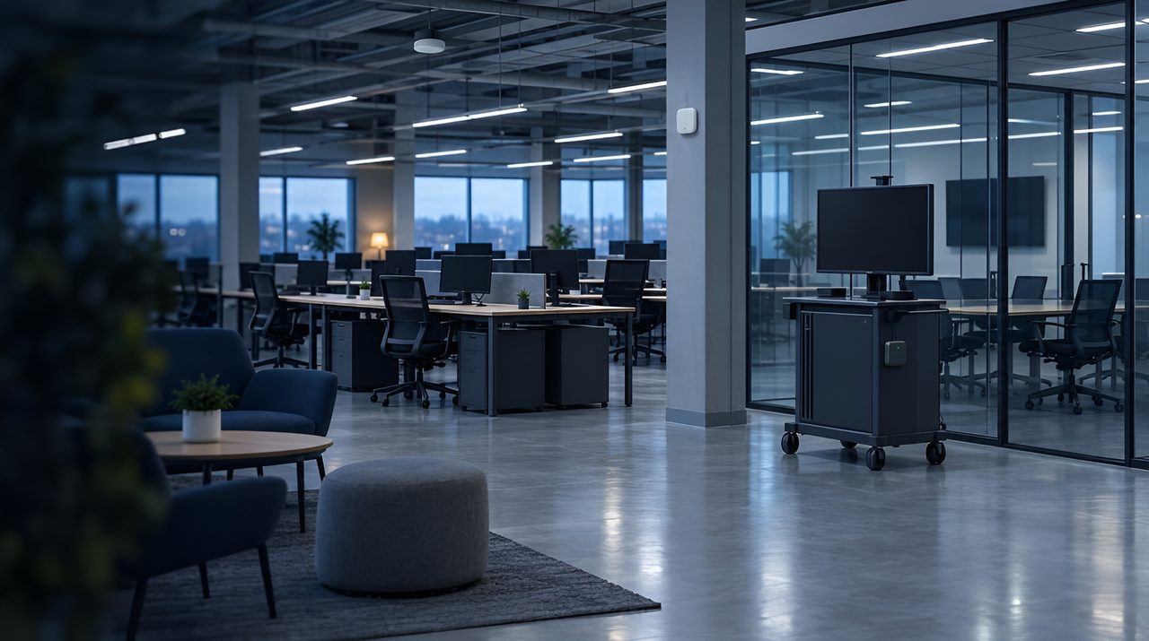 Empty open-plan office with occupancy sensors on the ceiling and a tagged presentation cart