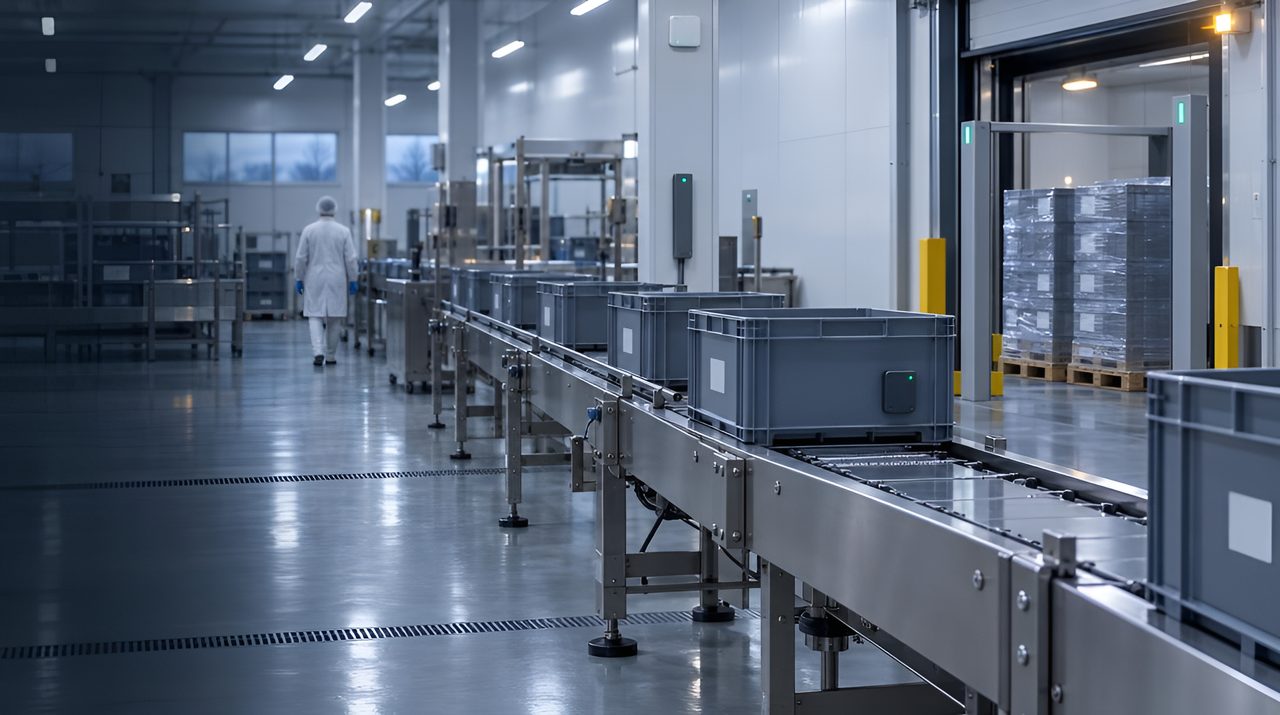 Packhalle für Lebensmittel mit RFID-etikettierten Kisten auf einem Förderband und einem RFID-Portal am Ladetor