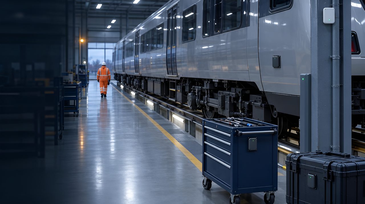 Train over an inspection pit in a rail depot, with a tagged tool trolley and a tagged equipment case