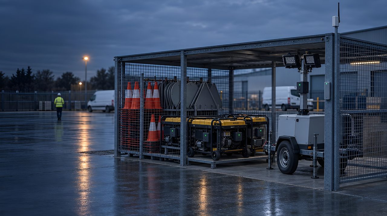 Public works stores cage with tagged generators and a tagged light tower, and a reader on the gate post