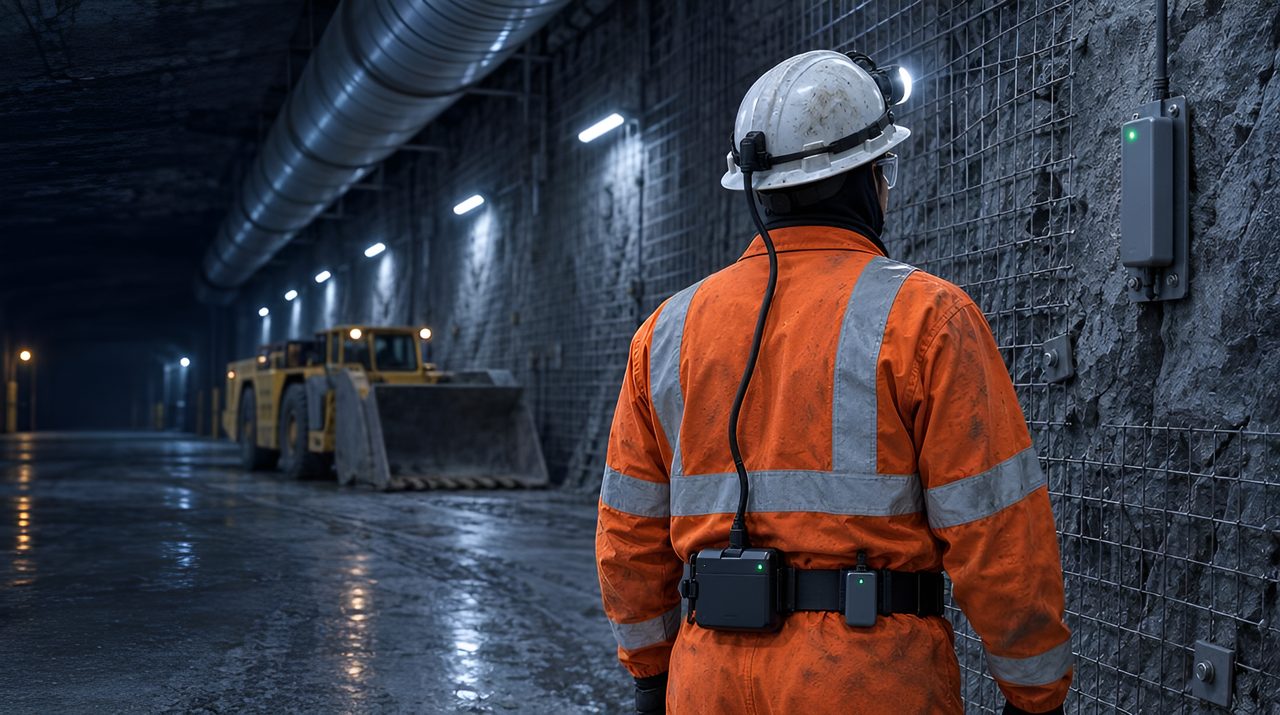 Miner in an underground drive with an active tag on the belt and a reader bolted to the rock wall