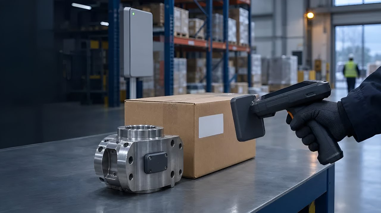 Gloved hand reading a carton with an RFID label and a tagged metal part with a handheld RFID reader
