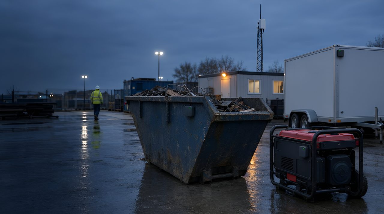 Outdoor storage yard at dusk with a gateway mast, a tagged skip and a tagged generator