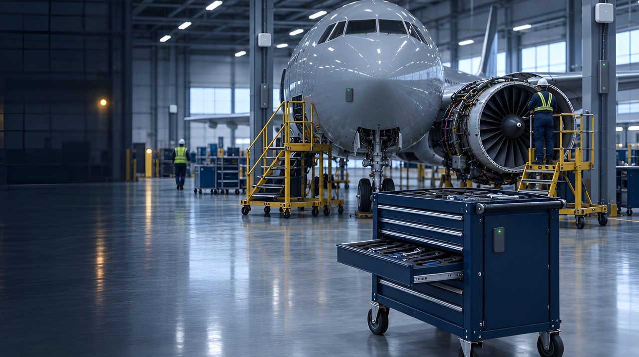 Aircraft maintenance hangar with a tagged tool trolley in front and anchors on the hangar columns