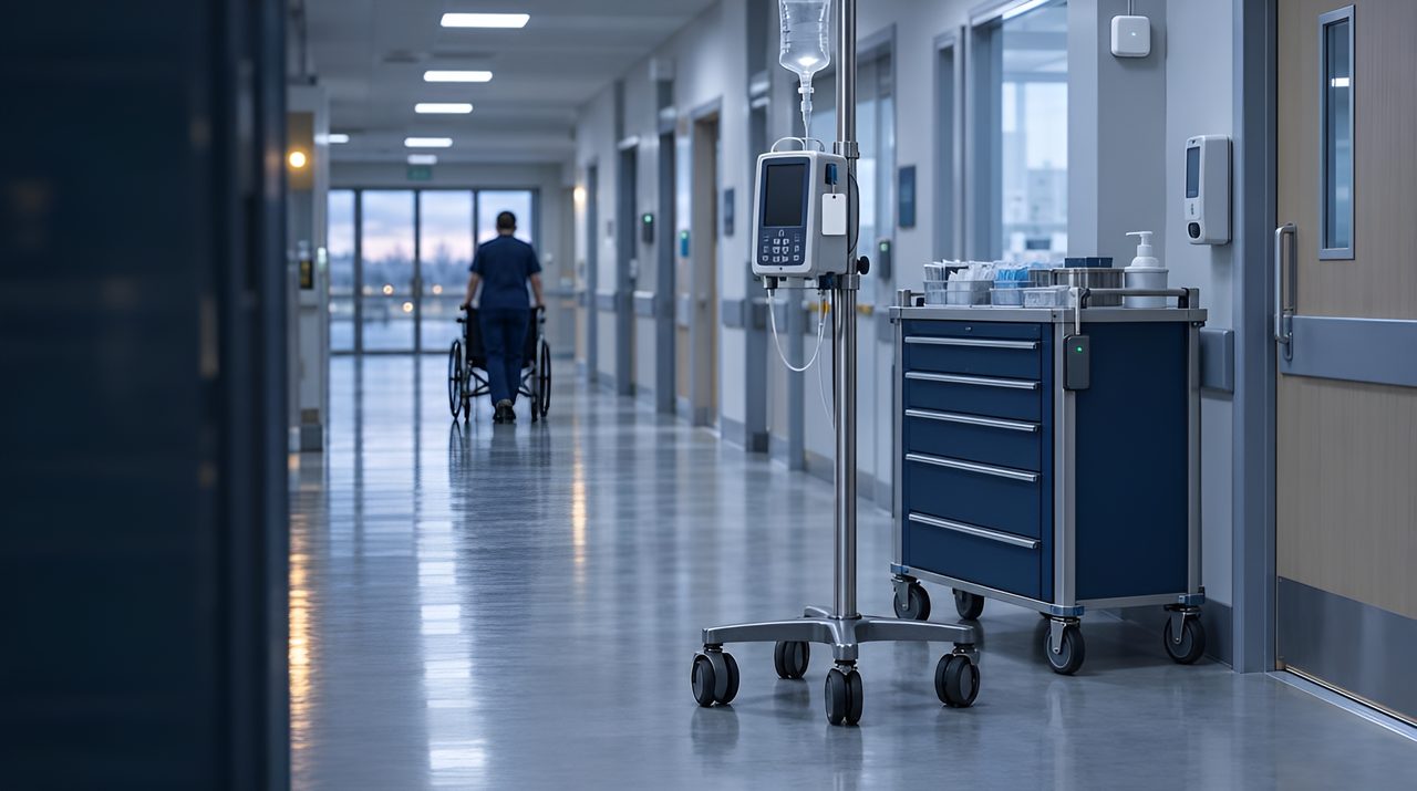 Hospital corridor with tagged medical equipment on an IV pole, a tagged supply trolley and a sensor on the wall