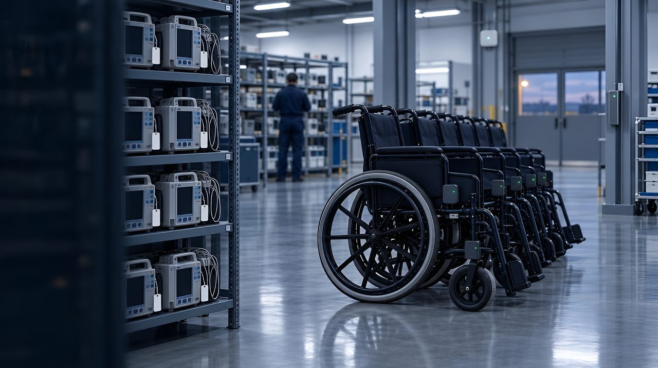 Hospital equipment library with tagged medical equipment on shelves and a row of tagged wheelchairs