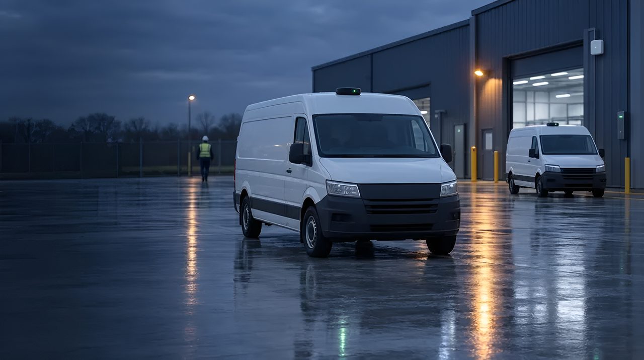 Two white service vans in a depot at dusk, each with a tracking unit on the roof