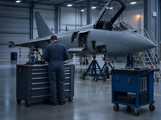 Military jet in a maintenance hangar with a tagged tool cabinet and a tagged tool trolley