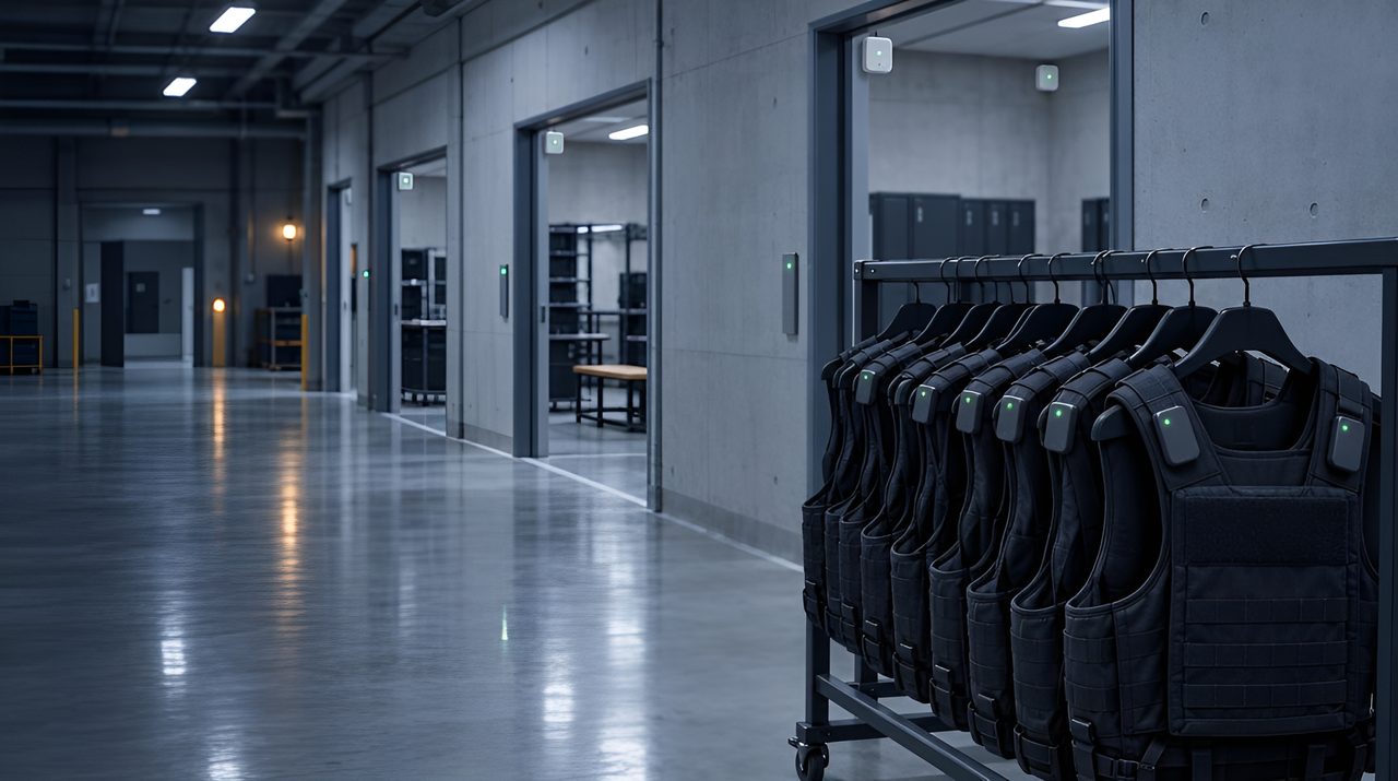 Empty training facility with anchors in the ceiling corners and a rack of tagged training vests