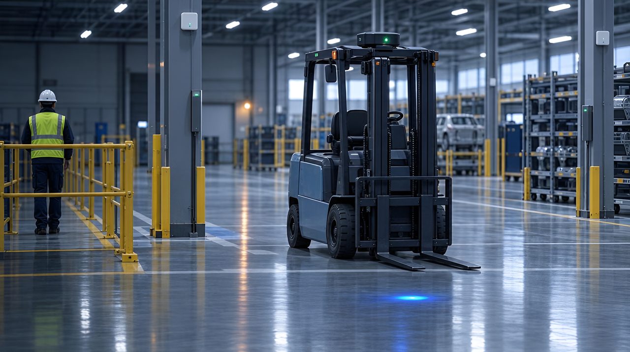 Forklift with a tag on its overhead guard slowing at a crossing while a pedestrian waits behind a rail