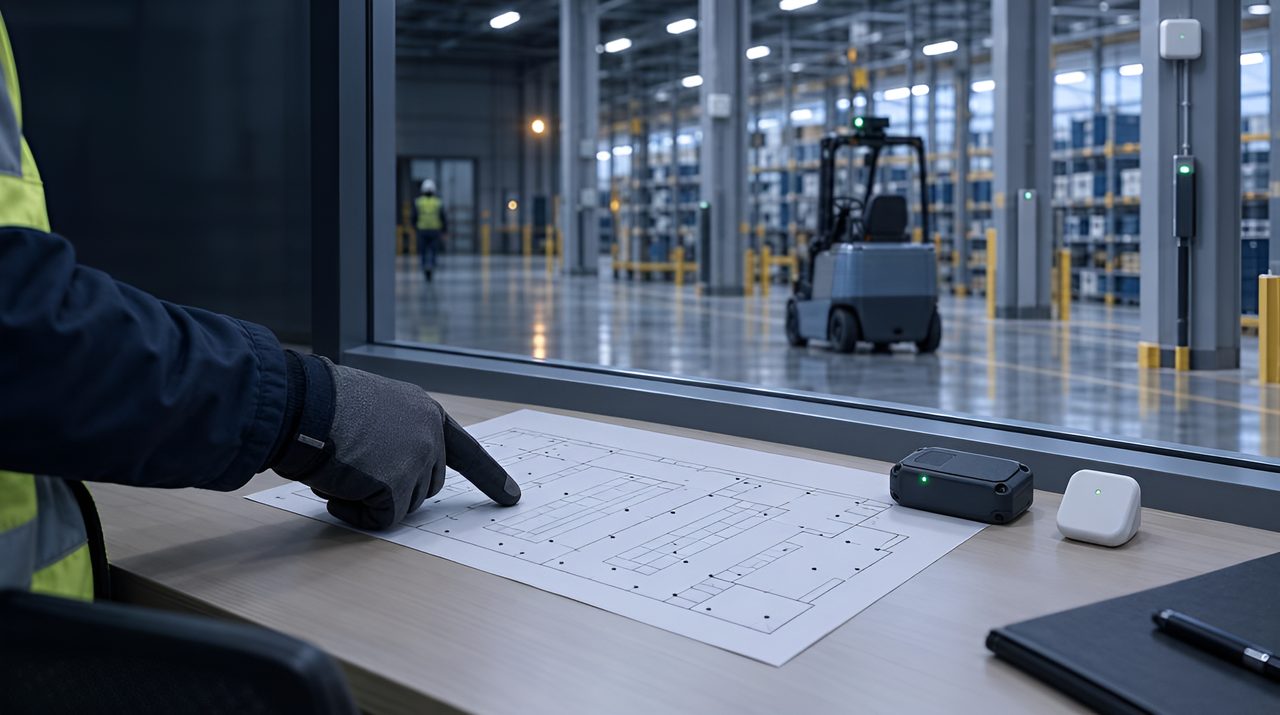 Gloved hand pointing at one zone of a site floor plan beside an active tag and an anchor