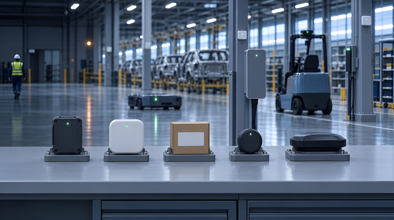 Five unbranded tracking devices side by side on identical test mounts in front of a panel reader
