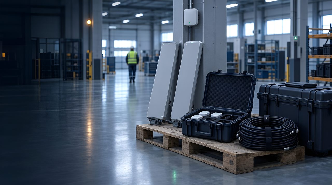 Pilot hardware laid out in a warehouse corner for a fresh start, with one anchor back on a column