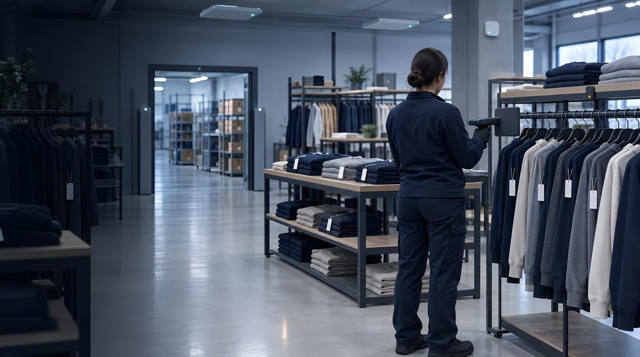 Fashion store floor with RFID-tagged garments, RFID readers on the ceiling and a colleague with a handheld RFID reader