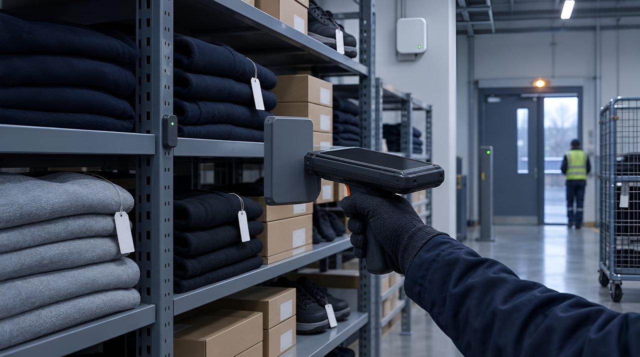 Hand counting RFID-tagged garments and shoe boxes on stockroom shelves with a handheld RFID reader