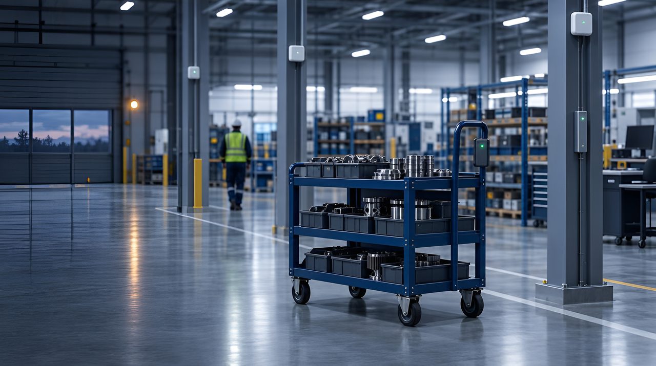 Manufacturing hall with anchors high on four columns and a parts trolley carrying an active tag
