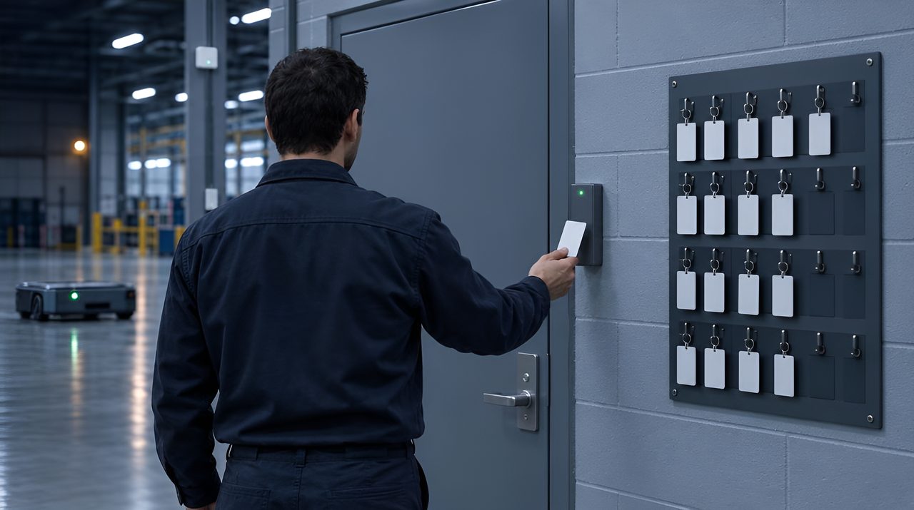 Person presenting a badge to a door reader beside a badge tally board at a secure entrance