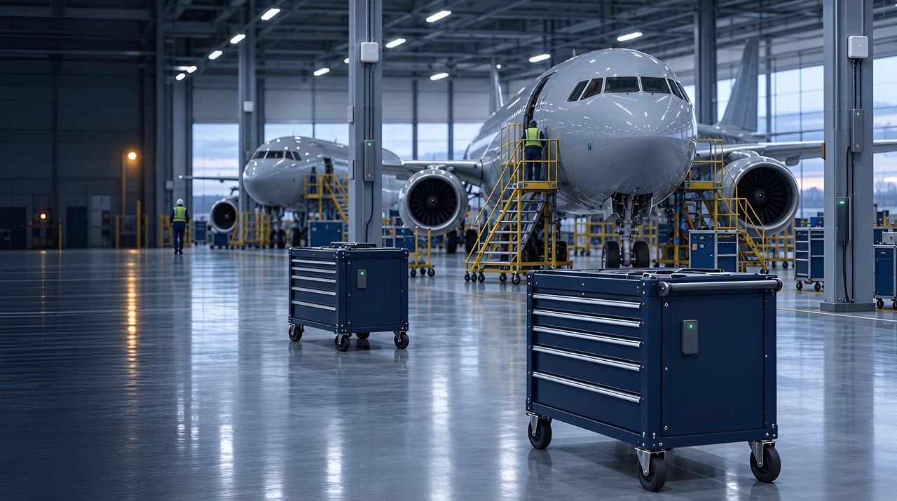 Two aircraft in maintenance bays with tagged tool chests in front and anchors on the hangar columns