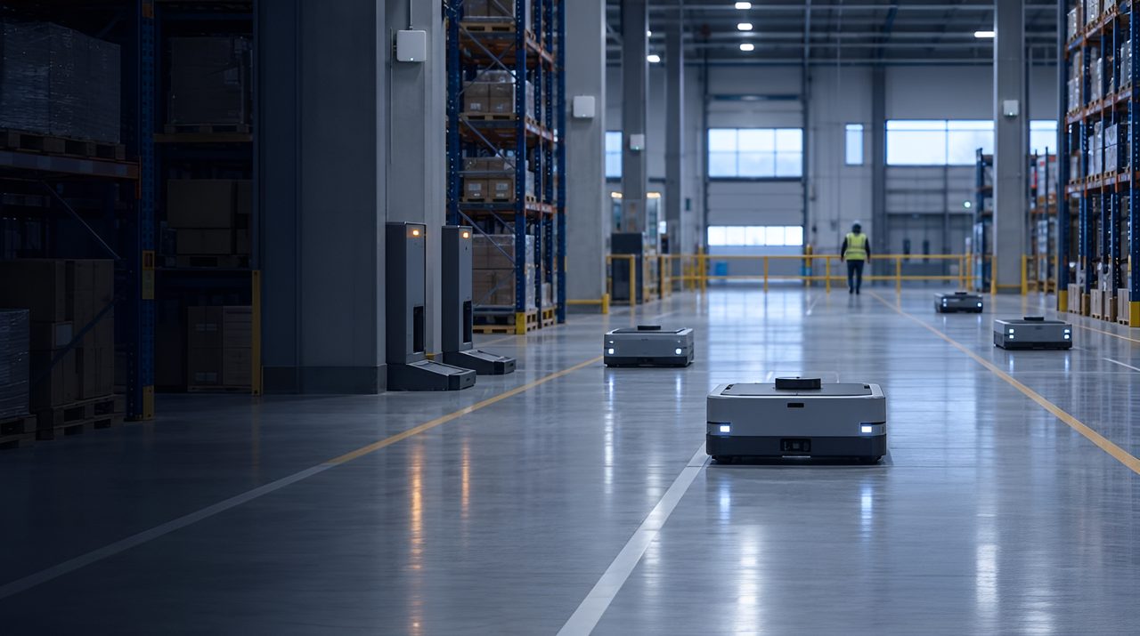 Four AMRs in their own marked lanes on a calm warehouse floor, with anchors on the columns