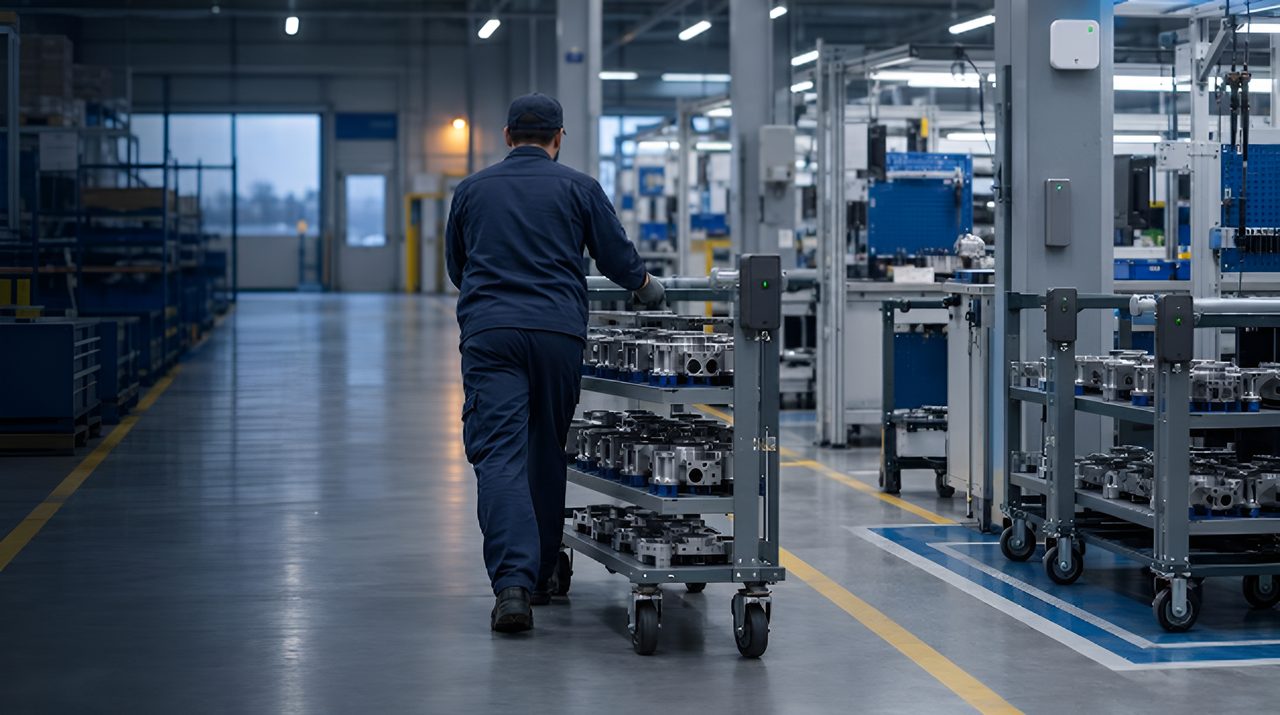 Worker pushing a tagged work-in-progress trolley along a marked aisle between assembly stations