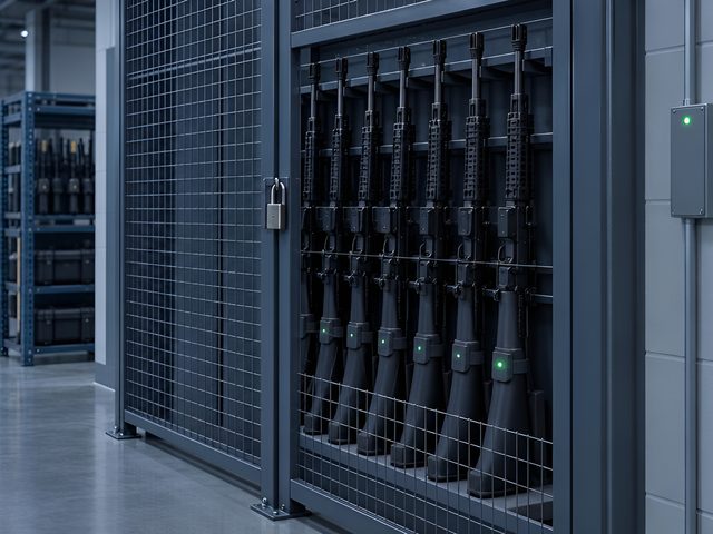 Rifles in a locked armoury rack, each with a tracking tag, and a reader on the wall.