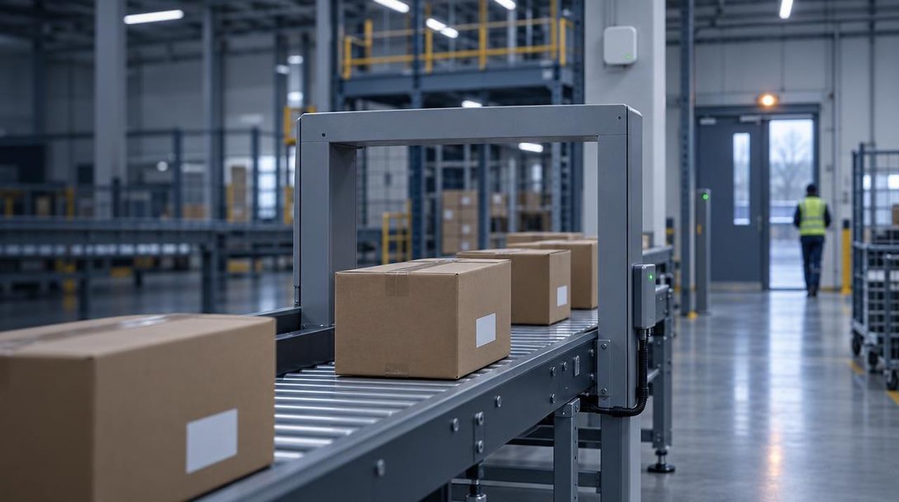 Cartons on a conveyor passing under an RFID reader arch in a distribution centre