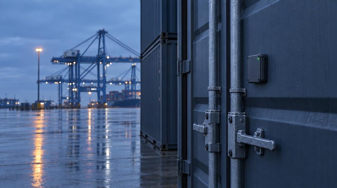 Container terminal at blue hour with quay cranes and stacked containers