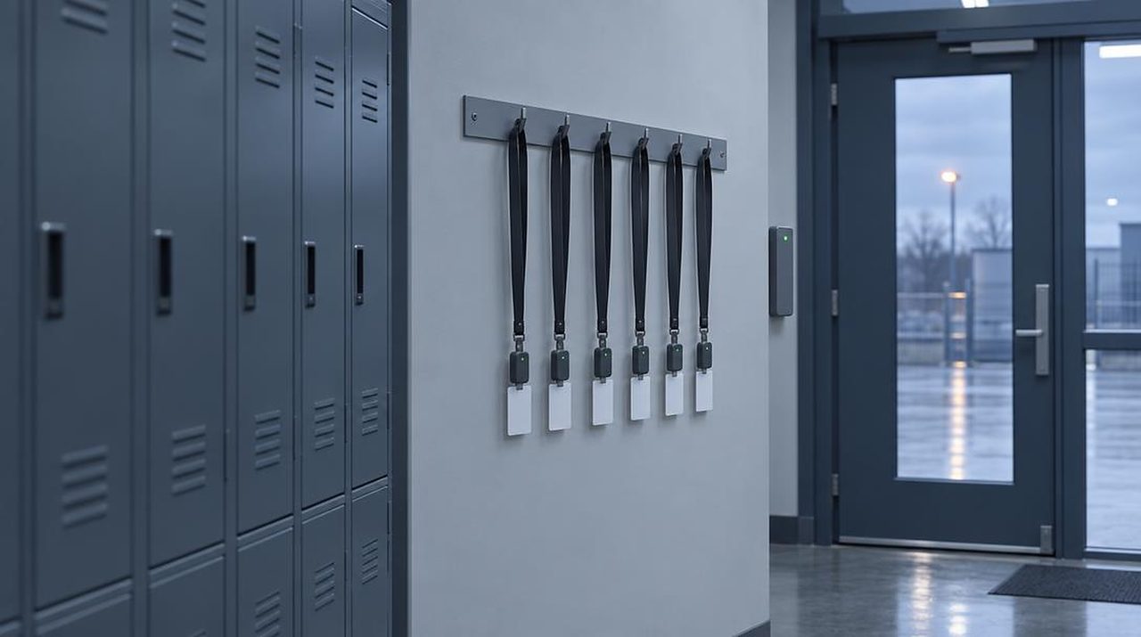 Staff locker area with badge tags on lanyards hanging by the door